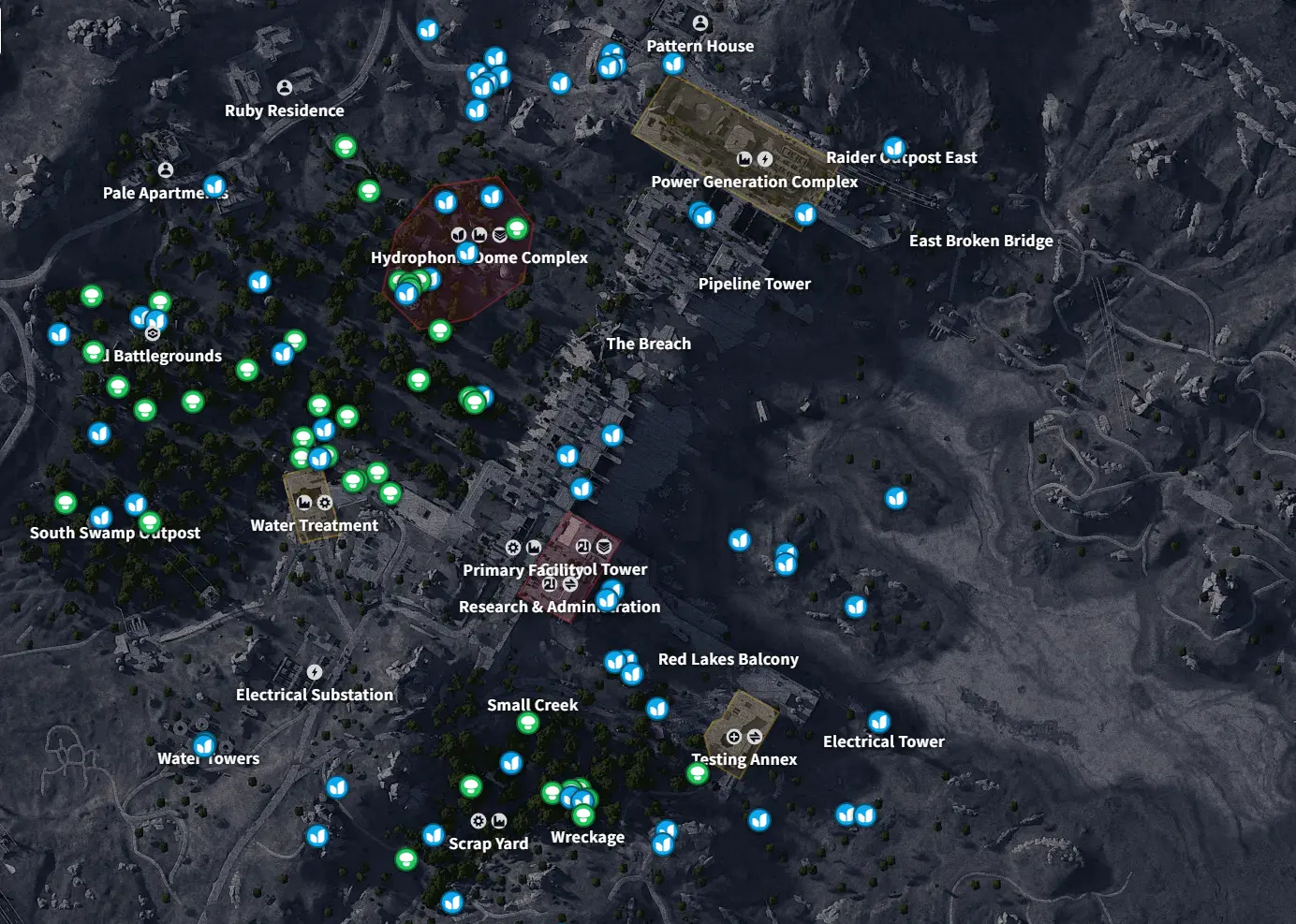 Dam Battlegrounds mushroom spawn locations on Arc Raiders interactive map - 40 natural markers